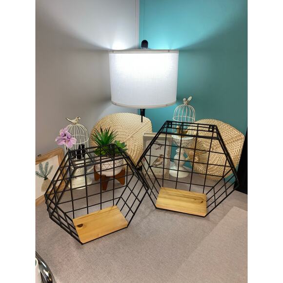 Set 2 Hezagon Shaped Geometric Wall Mounted Floating Metal Wood Shelves Lot - Picture 1 of 10